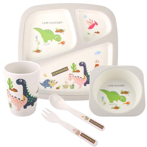 Kindergeschirr Set, 5er Geschirr Set für Kleinkinder, Baby Fütterung Set umfasst Kinderteller, Schüssel, Becher, Löffel, Gabel, Melamin Geschirr Spülmaschinenfest, BPA frei (Dinosaurier)