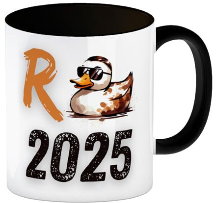 Ente mit Sonnenbrille Kaffeebecher in schwarz mit Spruch Rente 2025 Entenkörper und Renteneintritt Rentner Tasse für Ruhestand Charakterzug Ihrer Persönlichkeit