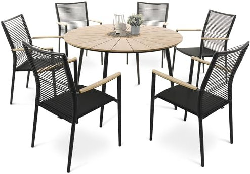 di volio Gartenmöbel ACONA, Gartenmöbel-Set für 6 Personen - runder Esstisch & 6 Stühle, aus robusten Materialien, stapelbare Stühle mit Armlehnen