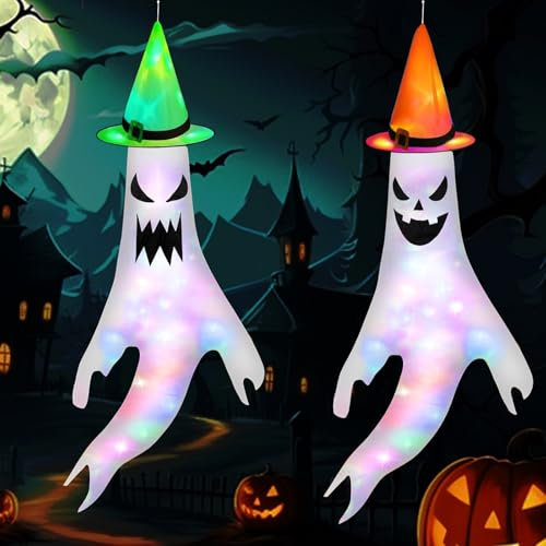 Ghost Windsocks - 2Pcs Halloween Garden Decorations With Light and Witch Hat, Hanging Flag for Yard Indoor Patio Lawn Haunted House, Outdoor Decor
