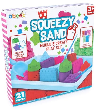 abeec Play Sand for Indoor and Outdoor Play, Colourful Play Sand For Kids, Create Amazing Sand Art, 21pc Set with x 5 Colour Sand, Moulds, Spade and Cutters for Endless Creative Fun For Boys and Girls