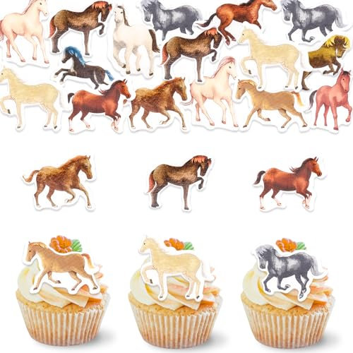 DazzJoy 48 Stück Essbare Tortendeko Pferd Deko,Pferde Tortendeko Essbar,Pferd Kuchen Deko Essbare,Essbare Cupcake Topper Pferde,Essbare Deko für Torten,Pferd Muffin Deko Essbar,Torten Deko Essbare