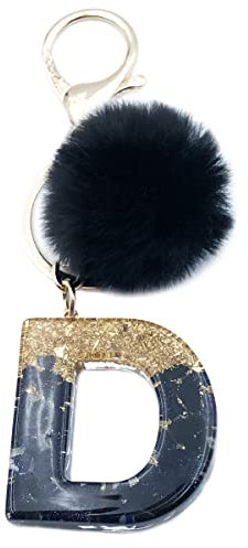 Xsclpomddy Frauen Alphabet Buchstaben Schlüsselanhänger Niedlich Schlüsselanhänger Glitzer mit Pom Pom Quasten Harz Keychain Schwarz für Tasche Charme,D