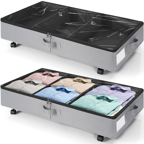 BQKOZFIN 2 Pack Under Bed Storage on Wheels, 50L Foldable Under Bed Storage Organiser Containers with PVC Lid, Rolling Underbed Storage Boxes with Metal Frame for Clothes Shoes Toys Blankets (Grey)