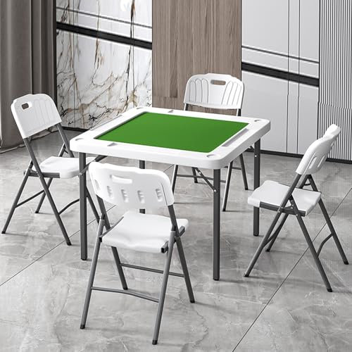 DYUNCZ Zusammenklappbarer Mahjong-Tisch for 4 Spieler mit 4 Klappbaren Stühlen, Dominotisch, Quadratischer Zusammenklappbarer Kartentisch mit Getränkehaltern und Chipschalen