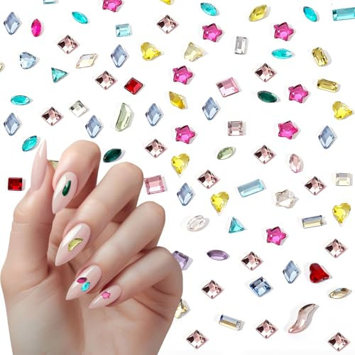 JIYIN 500Pcs Rhinestones Nail Art Charm, Flatback Rhinestones Nail Gems Colorful Crystal Glass Jewels Charms, Shiny Mini Diamond Heart Round Geometric Rhinestone for Crafts Women Acrylic Nail Supplies