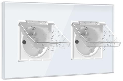 BSEED Prise Electrique 16A, Double Prise avec Couvercle Étanche 2 Gang, Prise Murale avec Capot de Protection 157mm Blanc, Prise Femelle
