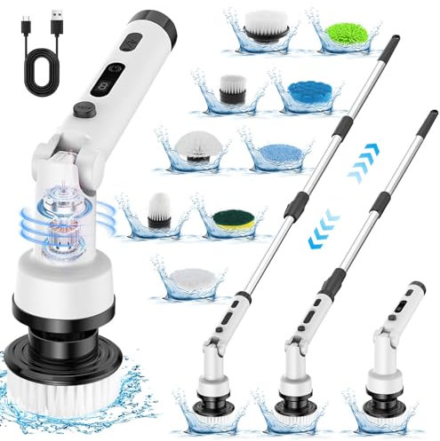 Brosse à récurer électrique sans fil pour la maison, 400 tr/min, 9 têtes de brosse remplaçables, temps de travail de 90 minutes, 3 tailles réglables, 3 vitesses réglables pour salle de bain, douche,