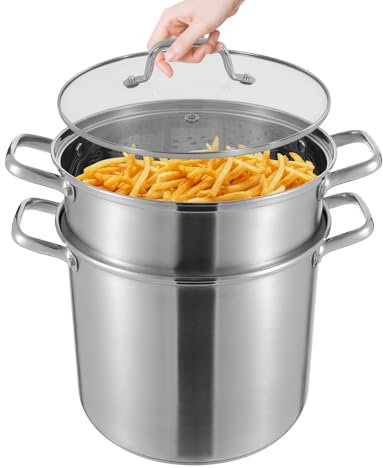 Kochtopf 8L, Großer Topf mit Einem Dämpfeinsatz Geliefert, Spaghettitopf mit Glasdeckel, Simmertopf Großer Topf aus Edelstahl, Doppelkochtopf, 36.5 * 36.5 cm