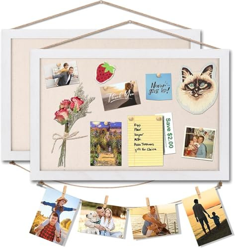 Emfogoo 2Pcs Tableau Liege Mural 40 x 30CM, Tableau d'affichage Liège avec 8 clips, Tableau en Liège Panneau avec Cadre en Bois, Panneau Liege pour Bureau, Salle de Classe ou Maison Cadre (Blanc)