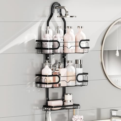 FOXWHALE Étagère de Douche à Suspendre - Étagère de Douche à Suspendre avec Support de Rasage et Porte-Savon et Plusieurs Crochets - Noir - Sans Perçage - Panier de Douche Suspendu pour Bombes de