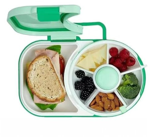 Kdouehg Lunchbox im Bento-Stil mit Snack-Spinner, Unterteilter Lunchbehälter mit 6 Fächern, Inkl. Sandwich-Tablett und Obst