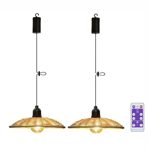 EcoGehen 2er Außen Hängelampe Hängeleuchte mit Batterie Fernbedienung Batteriebetriebene Lampe Boho Rattan Φ25cm Lampenschirm Pendelleuchte ohne Strom Stromanschluss Wasserdicht Outdoor Beleuchtung
