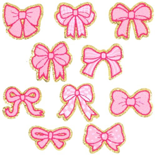 MBAIYO 10-Pack Bow Chenille Iron On Patches, Pink Bowknot Repair Patches Sewing On Iron-on Embroidered Applique DIY Accessory for Women Backpack Hats Clothes Pants Shoes Decor