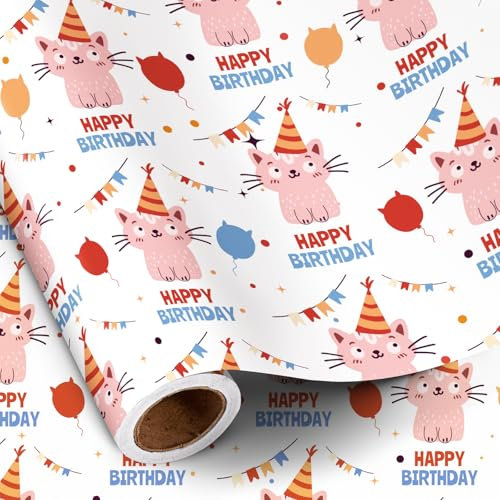RUSPEPA Katzen-Geburtstags-Geschenkpapierrolle für Mädchen und Jungen,süße rosa Katze mit Partyhut und „Happy Birthday“-Schriftzug, Geschenkpapier für Kinder, Katzenliebhaber, 43,2 cm x 5 m