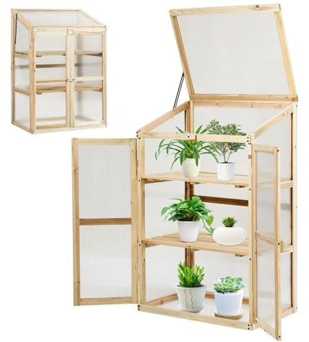 FANTASK Serre surélevée à 3 étages en Bois résistant aux intempéries avec 2 Portes et Couvercle, fenêtre en Polycarbonate, Plate-Bande pour Plantes, Armoire d'élevage, 60 x 45 x 100 cm, Naturel
