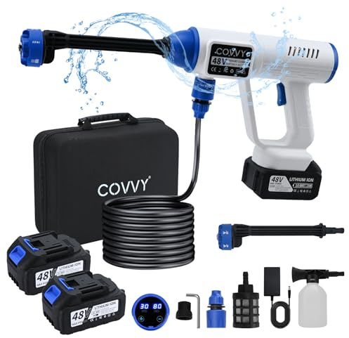 COVVY Cordless Pressure Washer, 725PSI Portable Pressure Washer with 2 Battery, Foam Generator, 10m Hose, Hose Connector, Filter, 6-in-1 Nozzle, Jet Washer for Car, Floor, Garden Cleaning (White)