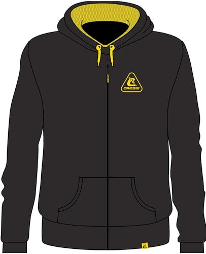CRESSI Hoodie Unisex W/Zip Black/Yellow M - Felpa Sportiva Maniche Lunghe, Cappuccio con Coulisse, 2 Tasche, Cerniera Anteriore, Dotata di Ricamo e Logo, Nero/Giallo, M, Unisex