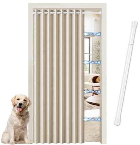 JCyh Cortina de Puerta Opaca Plegable - con Barra Telescópica y Magnética - para Cocina, Interior, Exterior, Separador de Ambientes y Armario Dormitorio, Arena