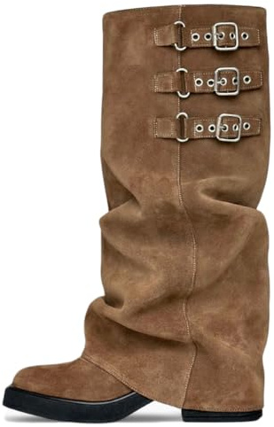EQAUDES Women's Platform Brown Knee-High Boots Fall Fold Over Tall Slouchy Boot - Fashion Buckle, Square Toe, Gothic, Motorcycle, Retro, Punk Style