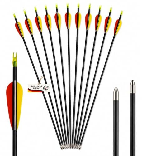 BLACK BOLT Fiberglaspfeile 32 Zoll für Lang- und Recurvebögen bis 30 lbs | 10er Set mit gelb-roter Kunststoffbefiederung, abgerundeter Blechspitze, Kunststoffnocke