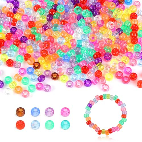 Bunte Pony Perlen zum Auffädeln,1000 Stück Transparente Perlen Großes Loch,6×9mm Haarperlen Bastelperlen für Armbänder, Halsketten, Schlüsselanhänger & DIY Schmuck (Bunte - Transparent)