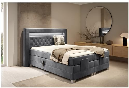 MEBLINI Boxspringbett Elektrisch Verstellbar mit LED - Gepolstert Doppelbett mit Matratzen und Toppers - Polsterbett - Bett mit Kopfteil - SANTORE - 120x200 - H3/Dunkelgrau Samt