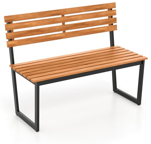 FANTASK 2-Sitzer Gartenbank Holz, Sitzbank aus Akazienholz mit Metallrahmen, Terrassenbank wetterfest bis 360 kg belastbar, Holzbank für Garten, Balkon, Terrasse, Schwarz + Natur