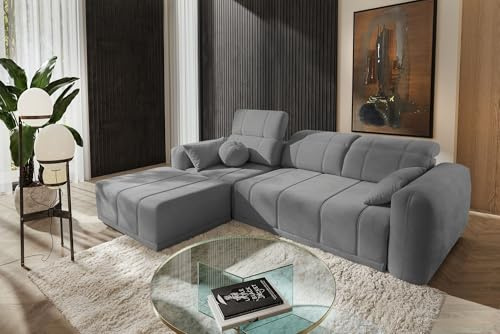 IM SOFA Modernes Ecksofa Ravello I mit Schlaffunktion & Bettkasten, verstellbare Kopfstützen und Rückenlehnen, Wohnzimmer Couch (Grau, Links)