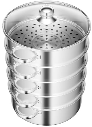5 piani in acciaio inox, pentola a vapore multiuso a induzione, in acciaio inox, con coperchio trasparente, 30 cm, pentola a vapore per cottura a vapore, zuppa, pasta di pesce