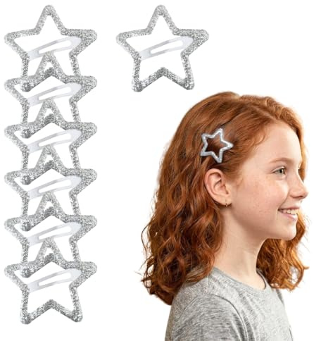 Righe e Pois Fermagli Capelli A Stella Glitter Clic Clac Mollette Per Capelli Da Donna e Bambina a Scatto Fermacapelli a Forma di Stella 5 CM - Set da 7 Hair Clip (Argento)