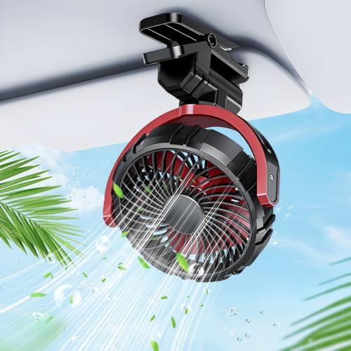 BIZOI Car Clip on Fan for Sun Visor Handle, 2000Mah Rechargeable Battery Powered USB Fans, Portable Car Seat Fan That Blow Cold Air, Quiet Car Cooling Fan for SUV Van RV Pickup Truck Camping