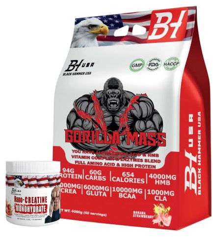 GORILLA MASS Weight Gainer – 90g Protein, 10000mg BCAA, 6000mg Creatine, High Calorie Mass Gainer for Muscle Building (4000G, Banane-Erdbeere)