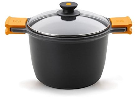 BRA Efficient Olla Alta con Tapa de Cristal y Asas de Silicona, 11 litros, 28 cm, Apta para Todo Tipo de cocinas incluída inducción, Aluminio, Negro