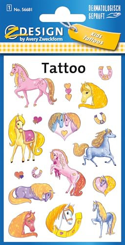 AVERY Zweckform 56681 Kinder Tattoo 17 Stück - Temporäre Pferde Tattoos, Wasserfest, Klebetattoos, Kindergeburtstag, Mitgebsel, Partyspiele Preise, Zum Spielen, Für Mädchen