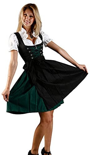 Edelnice Trachtenmode Nostalgisches Mini Dirndl 3-TLG. grün schwarz inkl. passender Bluse und Schürze Gr. 38