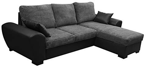 TOMMY CORNER SOFA BED GREY AND BLACK JUMBO CORD FABRIC LEATHER WITH STORAGE
