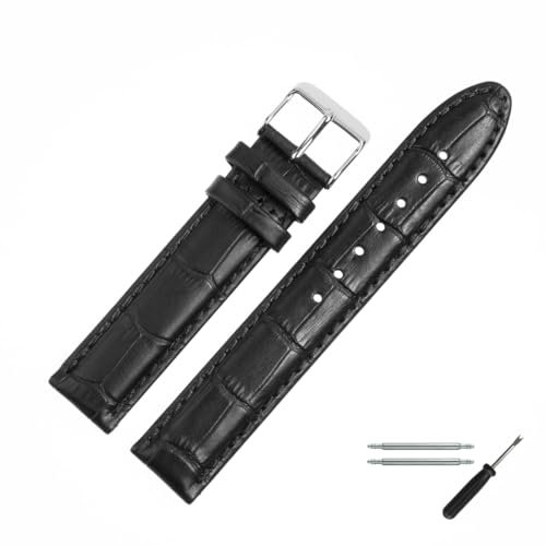 MARBURGER Uhrenarmband 20mm Leder Schwarz Silber Alligator Prägung Mit Naht - Montage Set 1392010000120