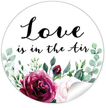 24 Sticker Hochzeit LOVE IS IN THE AIR BOHO HIPPIE STYLE BLÜTEN ROSEN GRÜN ROT ROSA SCHWARZ, Gastgeschenke Seifenblasen Verpackungen zur Hochzeit Tischdeko Selbstgemachtes, Etiketten 4 cm, rund, matt