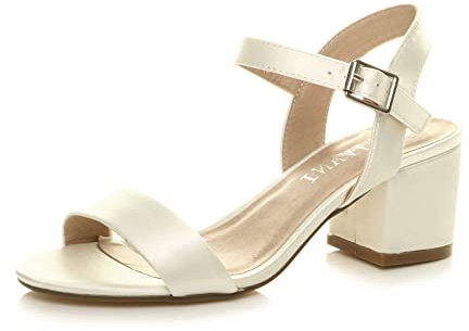 Women Ladies Low Block Heel peep Toe Ankle Strap Strappy Party Sandals Size, Ivory Satin, 6 UK