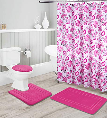 Bathroom Collection Hot Pink 16pc Bathroom Accessory Set - Non-Slip Bath Mat, Non-Slip Contour Mat, Toilet Lid Cover and Waterproof Shower Curtain with Rustproof Metal Roller Hooks