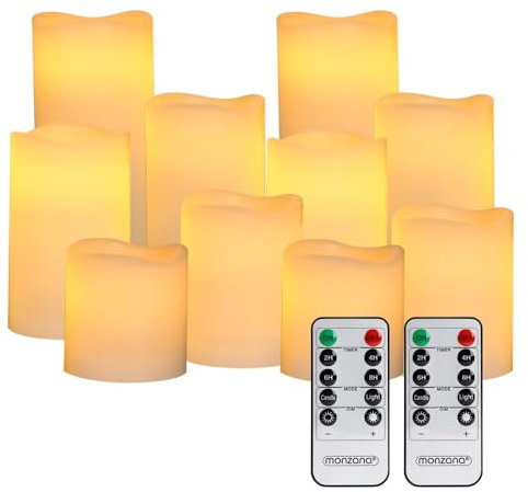 Monzana® LED Kerzen 10er-Set Blockkerze, Echtwachs dimmbar flackernd batteriebetrieben, Timerfunktion 2-4-6-8 Std, mit Fernbedienung, Warmweiß ø7,5cm