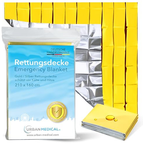 URBAN MEDICAL Premium Rettungsdecke - Schutz vor Kälte & Hitze - 1 Stück - Doppelseitige Notfalldecke Gold/Silber - Große Rettungsfolie für Erste Hilfe 210 x 160 cm