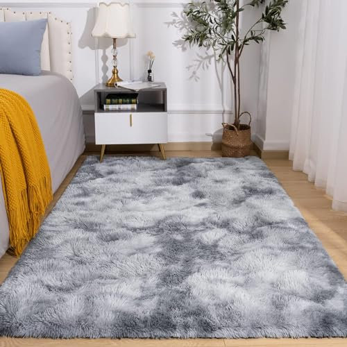 Calore Teppich für Wohnzimmer, Shaggy, Schlafzimmer, moderner Teppich, für den Innenbereich, komfortabel, Haus, Bodenteppich (Grau/Weiß, 80 x 120 cm)