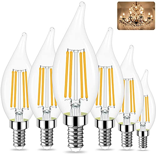 Sailstar E12 LED Candelabra Bulbs Dimmable, 60 Watt Equivalent 3000K Warm White Chandelier Light Bulbs, 4W Filament Candle LED Bulbs, Flame Tip, 500 Lumen, Pack of 6