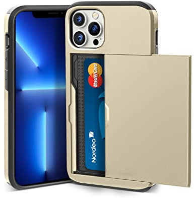 ACOCOBUY Compatible with iPhone 13 Pro Case with Card Holder Shockproof Protective Dual Layer Hidden Sliding Card Slot Heavy Duty Wallet Phone Cover Armor Back Shell 6.1 inch for Men Women Gold