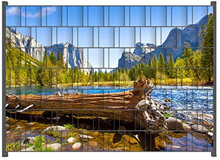 Wallario Zaun Sichtschutz Windschutz für EIN- und Doppelstabmattenzäune in der Größe Breite 2,00m x Höhe 1,40m, Motiv: Baumstamm im Fluss zwischen Bergen und Wäldern