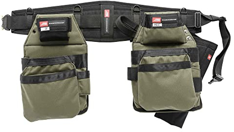 The Diamondback GRRande 2.0 Tool Belt System, Right Handed | for Carpenter Framer Roofer | Padded 5 Pockets, 13 Slots, 2 Loops | Holds Drill Bit Index, Speed Square, Measuring Tape | Mule & Ox pouches + hammer holster on the 6 in. Classic base - open bays for oversized fasteners - bit index & tape holster