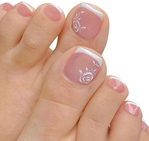 24 Pièces Faux Ongles de Pied, Acrylique Artificiel Capsules Courts Ongles, Court Faux Ongles French Dorteil Acrylique à Couverture Complète avec Colle pour Femmes Filles Ongles Décorations