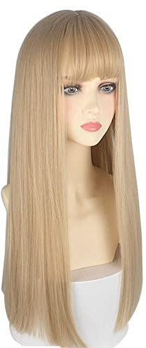 URCGTSA Long Straight Hair Wig 22 Inch for Women Blonde Natural Gold with Bangs Split Cosplay Wig (White Gold)